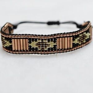 Artisan Handmade Woven Gold Metalic/Black/White Beaded Rope Bracelet Like New